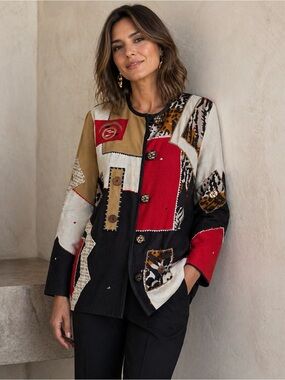Vintage Indigo Moon Lagenlook Patchwork Mixed Media Artsy Women’s Jacket Size M